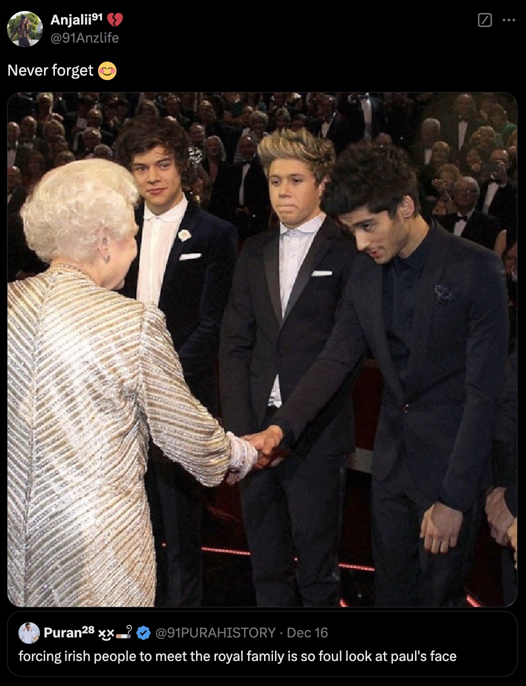 one direction meeting the queen - Anjalii1 Never forget Puran 28 xx Dec 16 forcing irish people to meet the royal family is so foul look at paul's face